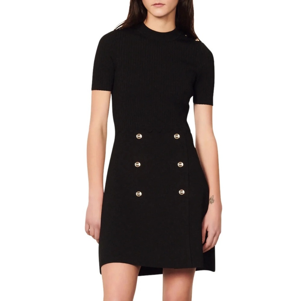 Sandro Alyssa Ribbed Top Knit Dress Fit & Flare Black Size FR 42 US XL / 10